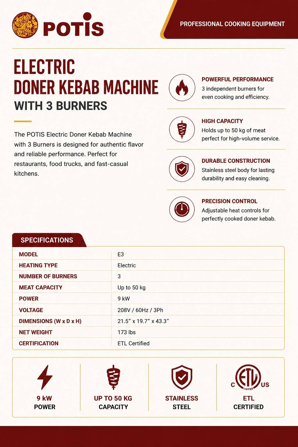 Potis - E3 Commercial Shawarma Machine & Electric Vertical Broiler (110 lb Capacity)