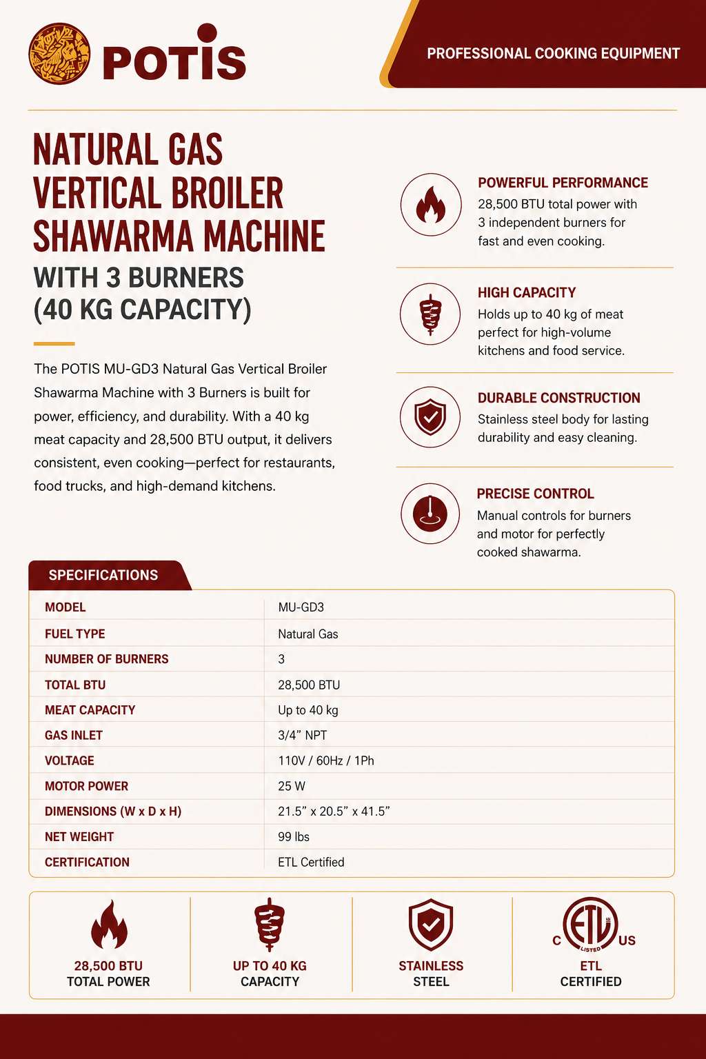 Potis - GD3 Commercial Shawarma Machine & Natural Gas Vertical Broiler (88 lb Capacity)