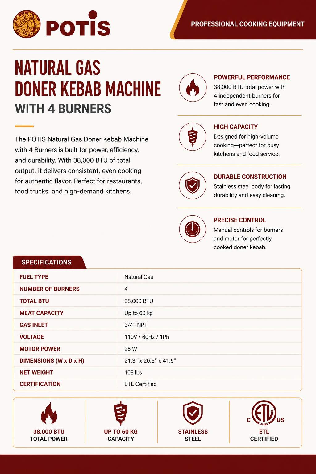 Potis - GD4 Commercial Shawarma Machine & Natural Gas Vertical Broiler (154 lb Capacity)