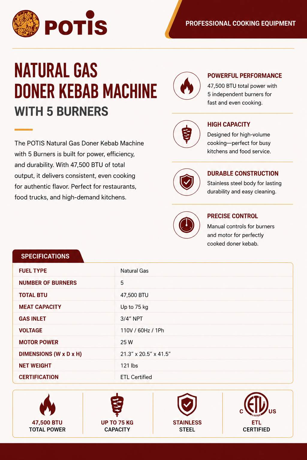 Potis - GD5 Commercial Shawarma Machine & Natural Gas Vertical Broiler (264 lb Capacity)