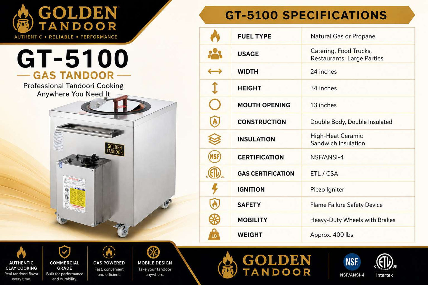 Golden Tandoors - GT-5100 Commercial Gas Tandoor Oven | Food Truck & Catering Tandoor