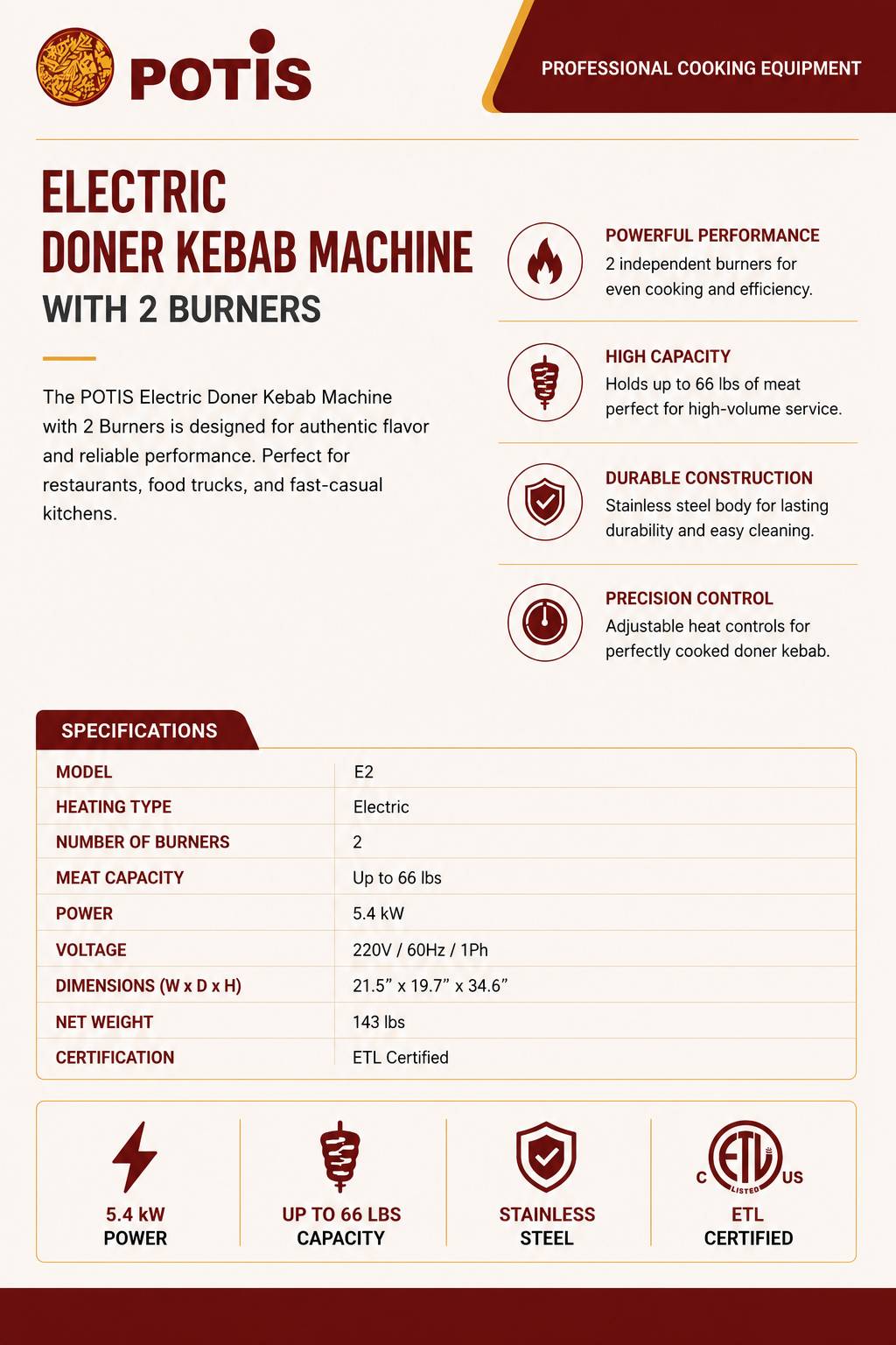 Potis - E2 Commercial Shawarma Machine & Electric Vertical Broiler (66 lb Capacity)